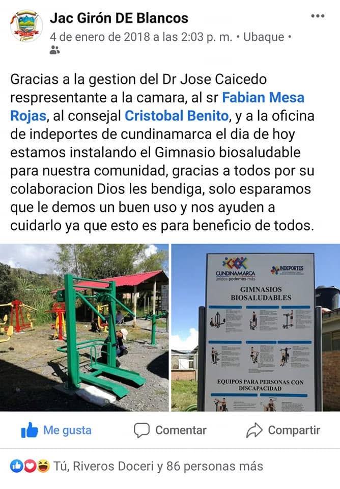 Instalación de gimnasio biosaludable en Vereda Girón de Blancos